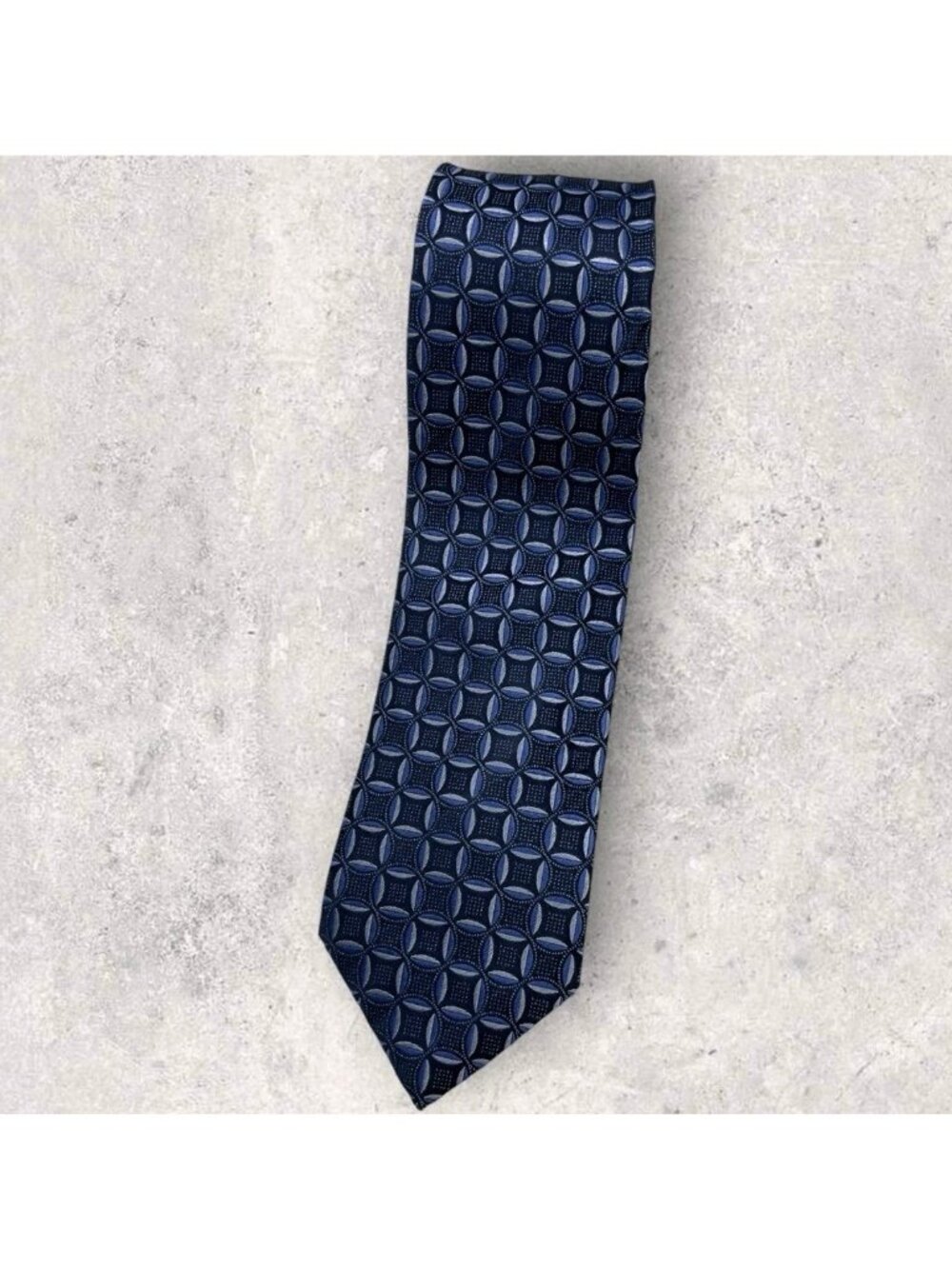 7 DOWNIE ST Silk Tie ITALY XL Navy Blue Geometric W:3.4" EUC